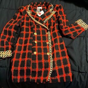 Tweed red blazer checkered dress with gold trimming